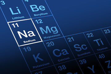 Wall Mural - Sodium on periodic table of elements. Alkali metal, with symbol Na from Latin natrium, and with atomic number 11. Sixth most abundant element in Earth crust, essential for all animals and some plants.