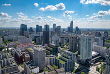 Panoramic. View Of Modern Skyscrapers And Business Centers In Warsaw. View Of The City Center From Above. Warsaw, Poland.