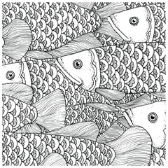 Hand-drawn with ink background with many fishes in the water. Sea life designed for relaxation and meditation. Vector illustration can be used for coloring book pages for kids and adults