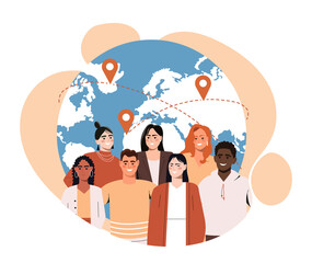 Concept of international migration. Resettlement of population. People of different nationalities moving to other countries. Globe with continents and borders. Cartoon flat vector illustration.