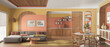 Panoramic view of modern wooden kitchen, dining and living room in orange tones, sofa with carpet, table with chairs, sliding door. Window, parquet and cane ceiling. Interior design