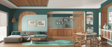 Panoramic View Of Modern Wooden Kitchen, Dining And Living Room In Turquoise Tones, Sofa With Carpet, Table, Chairs And Sliding Door. Window, Parquet And Cane Ceiling. Interior Design