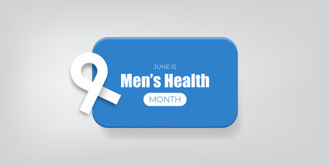 Wall Mural - Mens health month concept horizontal banner design template with blue ribbon and text isolated on grey background. June is national mens health awareness month vector flyer or poster