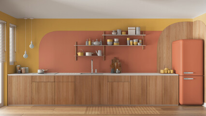 Wall Mural - Modern contemporary kitchen in orange tones, wooden cabinets, sink with faucet and induction hob, vintage refrigerator. Shelves with pottery. Windows with blinds, interior design