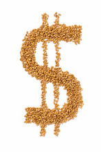 US Dollar Sign Made Of Wheat Grains On White Background. Concept Of Increasing Food Prices, Global Food Scarcity, Famine And Hunger. Food Shortage And Supply Chain Problems