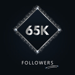 65K or 65 thousand followers with frame and silver glitter isolated on dark navy blue background. Greeting card template for social networks friends, and followers. Thank you, followers, achievement.