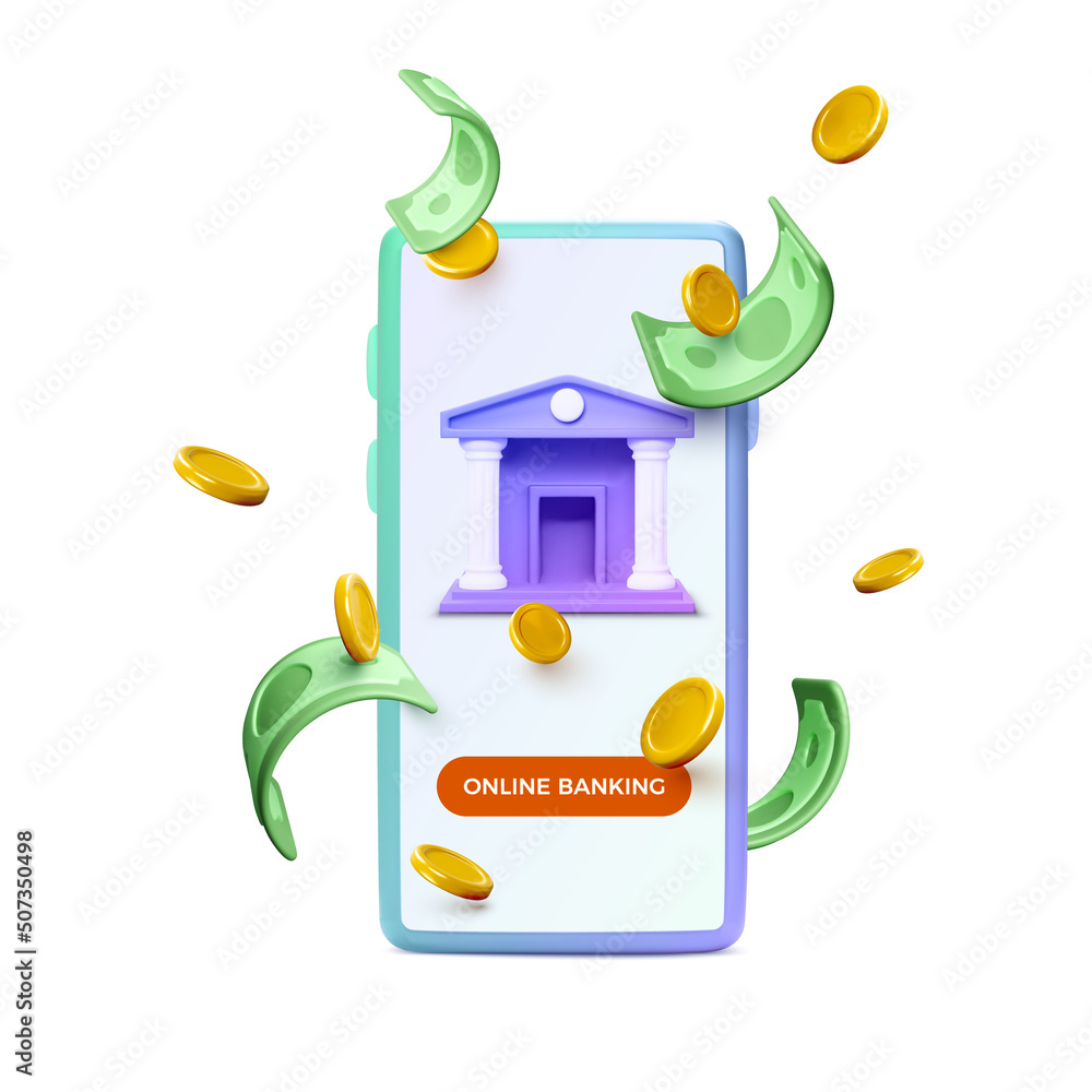 3D mobile phone with business app. Falling coins and dollars. Online ...