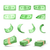 Fototapeta  - Realistic money set. Collection of 3D green dollars isolated on white background. Twisted paper bills and stack of currency banknotes