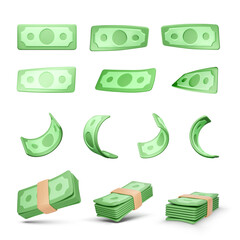 Wall Mural - Realistic money set. Collection of 3D green dollars isolated on white background. Twisted paper bills and stack of currency banknotes