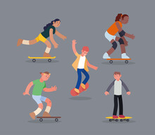 Five Skateboarders Sport Characters