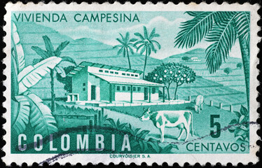 Wall Mural - Farm on vintage postage stamp of Colombia