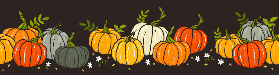 Wall Mural - 
Cute hand drawn pumpkin horizontal seamless pattern, hand drawn pumpkins - great as Thanksgiving background, textiles, banners, wallpapers, wrapping - vector design