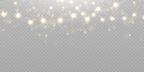 christmas lights isolated on transparent background. set of golden christmas glowing garlands with s