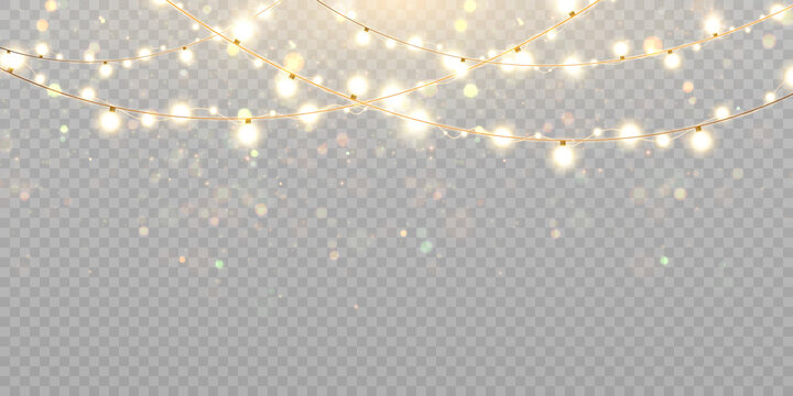 Christmas lights isolated on transparent background. Set of golden Christmas glowing garlands with sparks. For congratulations, invitations and advertising design. Vector