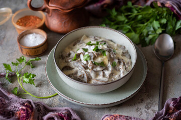 Wall Mural - A hearty lunch for the whole family: beef kidneys stewed in sour cream in a beautiful plate on a gray background. Close-up