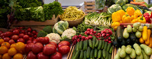 Fruits And Vegetables At A Farmers Market. 