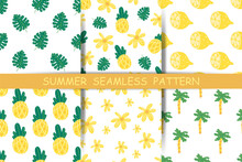 A Set Of Simple Minimalistic Summer Seamless Patterns. Cartoon Flat Hand Draw Yellow Green Background With Leamon, Penaple, Palm, Monster, Flowers For Prints, Wallpapers, Textiles. Vector Graphics.