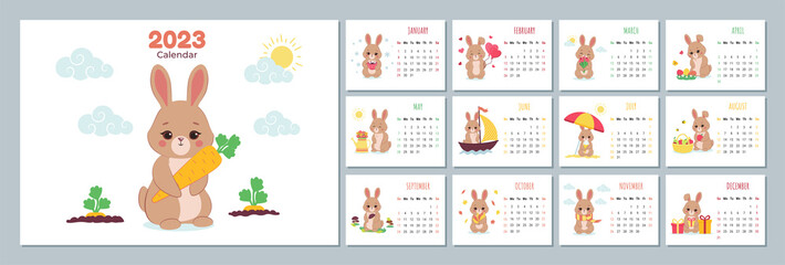  Calendar 2023 template with cute rabbit. Design of calendar with a symbol of the new year. Set of 12 Months calendars. The week starts on Sunday