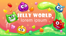 Cute Banner With Funny Cartoon Jelly Characters