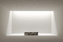 3D Render Empty White Room With Marble Podium, Concrete Floor Perspective Of Minimal Design Two Story Space With Lighting. Illustration Mockup. Presentation Space Or Gallery	