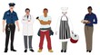 © udaix - Cartoon group of people with different jobs policeman doctor lumper chef teacher community concept labor father brother son male symbol expert specialist men vector drawing character illustration