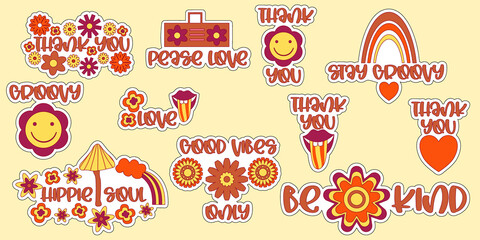 Wall Mural - Retro groovy sticker set 70s hippie style. Cartoon vector illustration. Groovy flower elements. Isolated vector illustration. Thank you and inspiring retro sticker