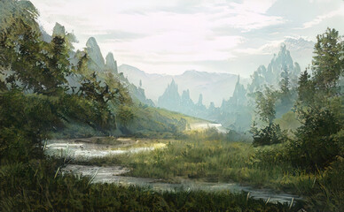 abstract digital illustration; beautiful naturalistic landscape with oil brush strokes.