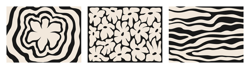 Set of three abstract Patterns. Abstract optical wavy lines background with simple black and white flower vector pattern. Vector floral abstract poster, card, flyer, brochure. 