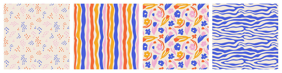 Abstract collage contemporary floral and distorted shapes seamless pattern set. Colorful cute vintage design for paper, cover, fabric, interior decor and other users.