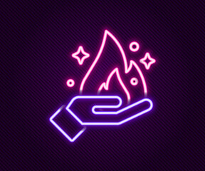 Poster - Glowing neon line Hand holding a fire icon isolated on black background. Colorful outline concept. Vector