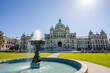 Victoria, BC, Canada - April 14 2021 : British Columbia Parliament Buildings. Legislative Assembly Fountain.