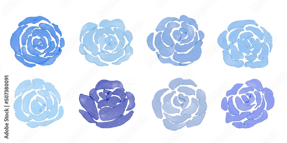 水彩画。水彩タッチで描いた薔薇のイラスト。青い薔薇の水彩