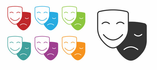 Sticker - Black Comedy and tragedy theatrical masks icon isolated on white background. Set icons colorful. Vector