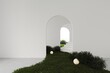 Empty white room with arched door,stairs and green grass lawn in the room, wall design and concrete floor, abstract minimalist space or gallery. 3d render 