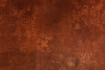 old brown rusty vintage worn geometric shabby mosaic ornate patchwork motif porcelain stoneware tile