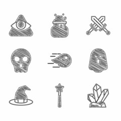 Wall Mural - Set Fireball, Magic wand, stone, Ghost, Witch hat, Skull, Crossed medieval sword and All-seeing eye of God icon. Vector