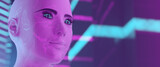 Fototapeta Desenie - 3d Avatar woman - face close up of virtual reality android looking forward to the future on a purple and blue background.