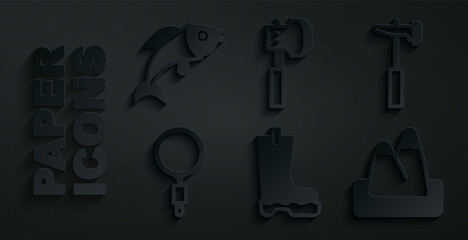 Poster - Set Waterproof rubber boot, Hammer, Magnifying glass, Mountains, Wooden axe and Fish icon. Vector