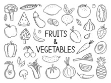 Hand Drawn Set Of Fruits And Vegetables Doodle. Vegetarian Food In Sketch Style. Vector Illustration Isolated On White Background.