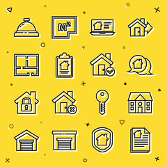 Poster - Set line House contract, Real estate message house, Online real, plan, Hotel service bell and with check mark icon. Vector