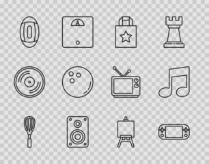 Canvas Print - Set line Kitchen whisk, Portable video game console, Paper shopping bag, Stereo speaker, American Football ball, Bowling, Easel painting art boards and Music note, tone icon. Vector