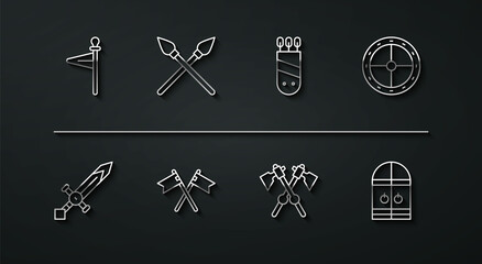 Sticker - Set line Medieval flag, sword, Round wooden shield, Crossed medieval axes, spears, castle gate and Quiver with arrows icon. Vector