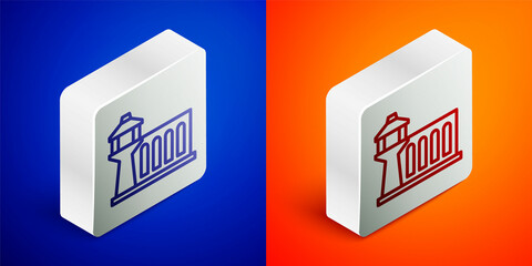 Sticker - Isometric line Airport control tower icon isolated on blue and orange background. Silver square button. Vector