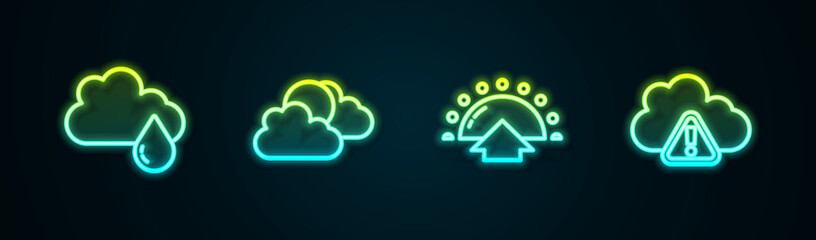 Set line Cloud with rain, Sun and cloud weather, Sunrise and Storm warning. Glowing neon icon. Vector