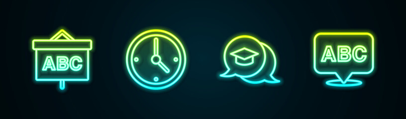 Poster - Set line Chalkboard, Clock, Graduation cap in speech bubble and Alphabet. Glowing neon icon. Vector