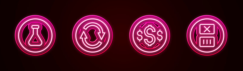 Wall Mural - Set line Test tube and flask, Recycle symbol, Dollar and Temperature wash. Glowing neon icon. Vector