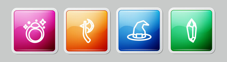 Sticker - Set line Magic stone ring, Wooden axe, Witch hat and . Colorful square button. Vector