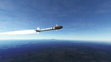 Guided Missile Flying Above Earth In Low Altitude. Realistic View Of A High Speed Rocket Hovering Above Ground And Heading Towards A Target