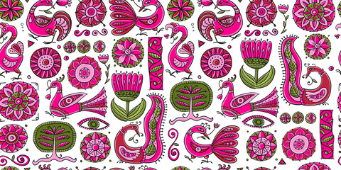 Poster - Magic birds and flowers. Vintage seamless pattern background for your design