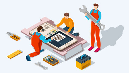 Phone repair service landing page website template. Vector isometric smartphone and characters.